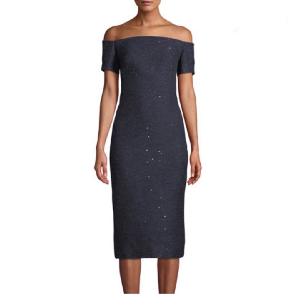 NWT Lela Rose Off-Shoulder Navy Tweed Sequin MIDI Cocktail Evening Dress Sz 2